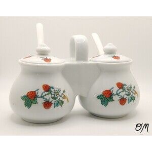 Vtg Ceramic Strawberry Floral Cottagecore Double Jam Sugar Condiment Caddy